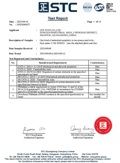 First page of a Europe toy safety test report