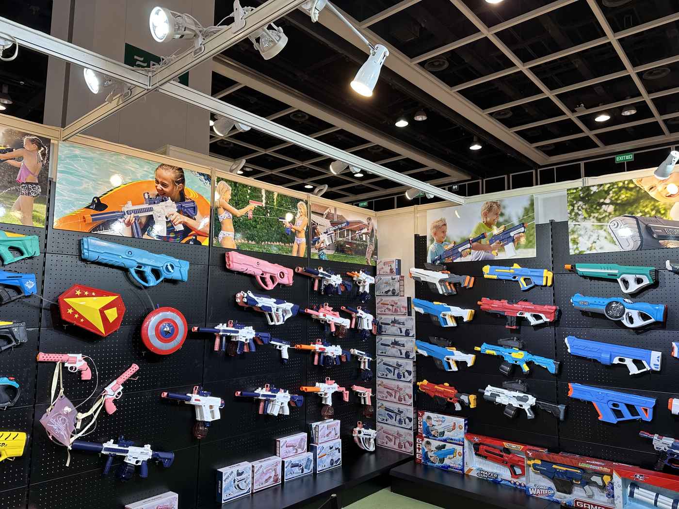Outdoor water-play assortment on an exhibition wall