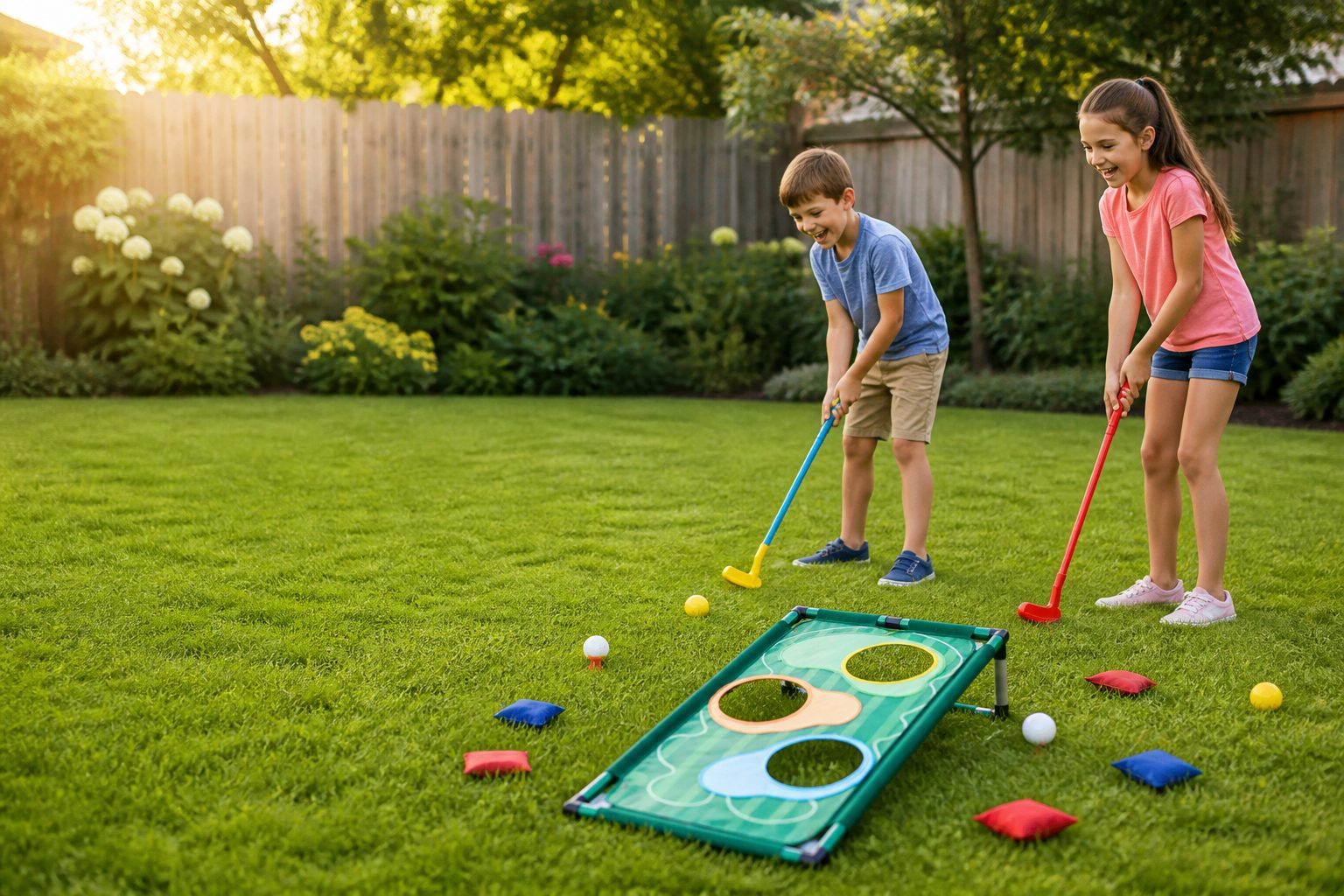 Children playing a golf toss backyard game on a lawn