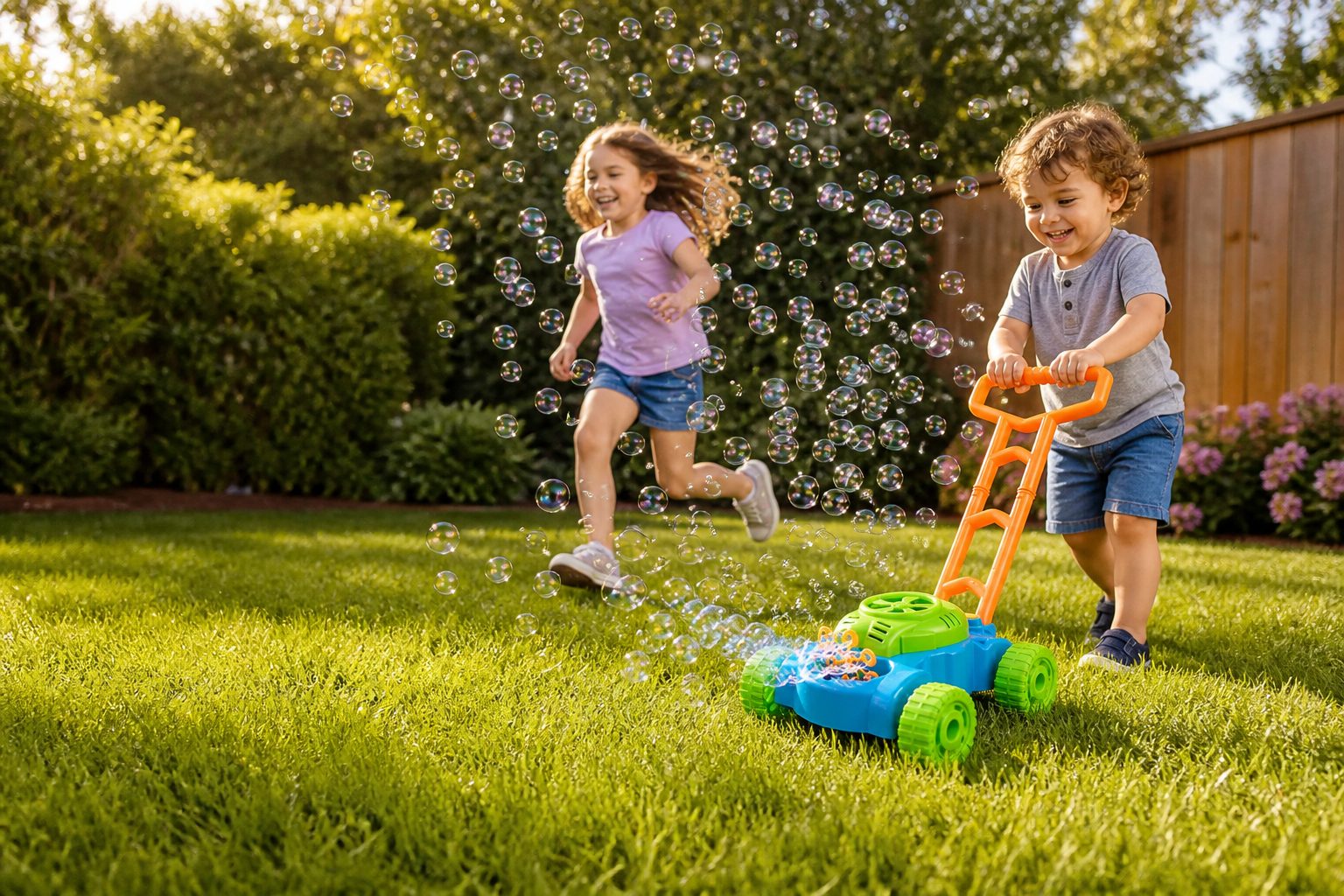Child pushing a bubble mower across a sunny lawn