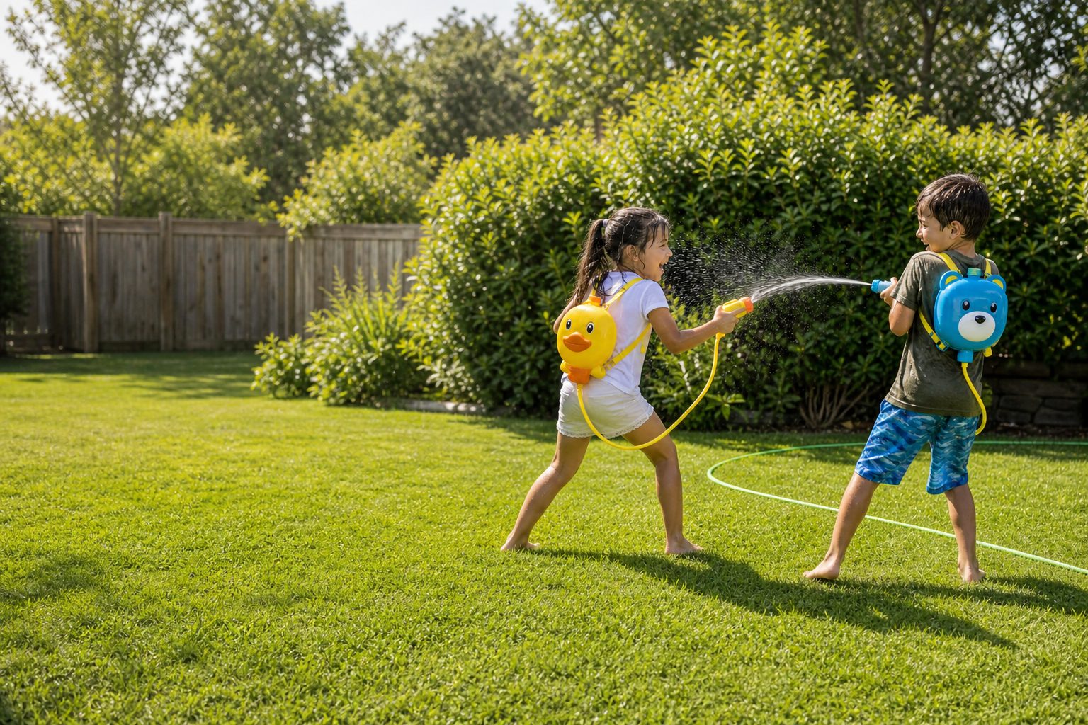 Children playing with backpack water blasters in a garden