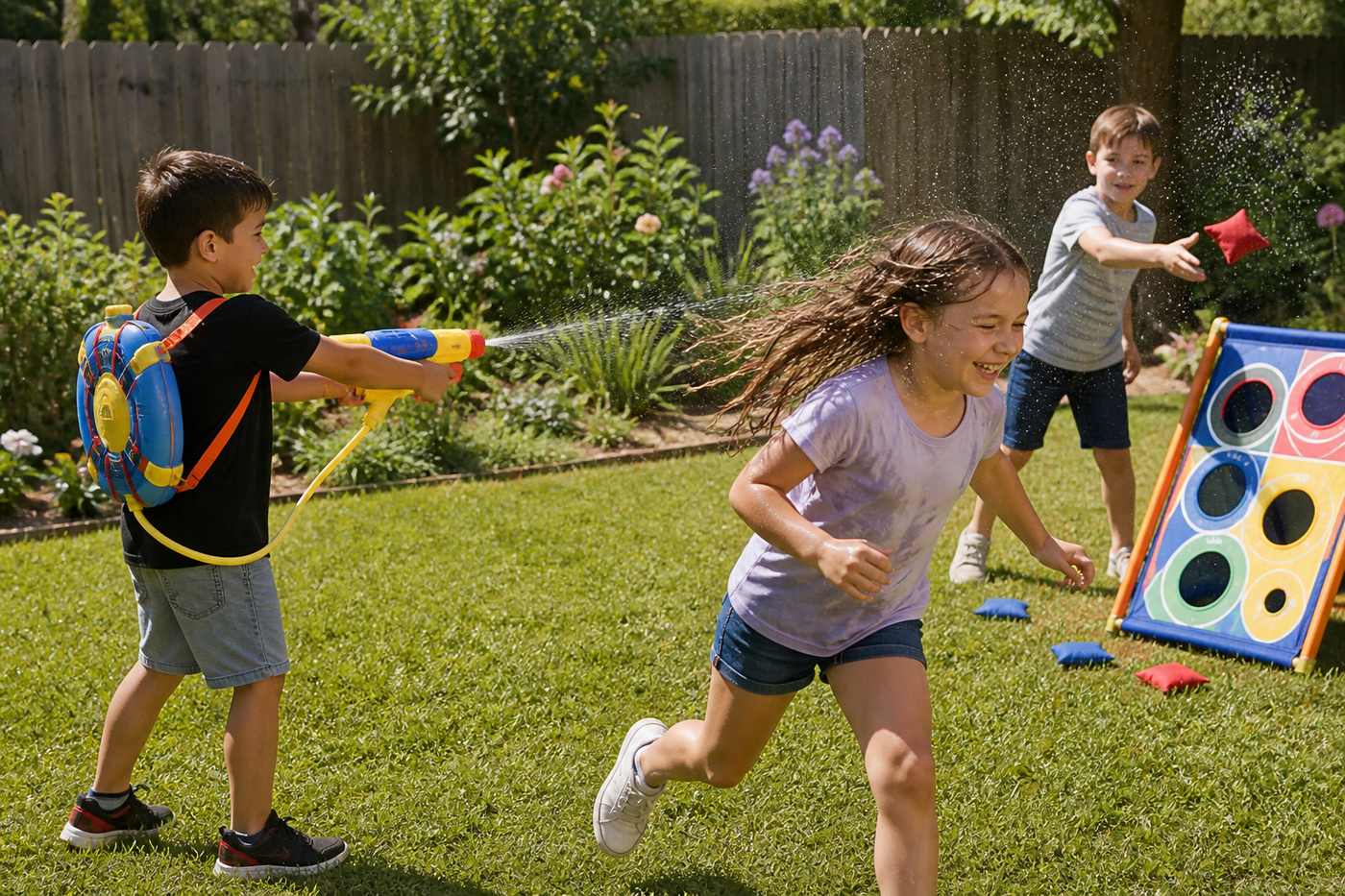 Children playing outdoor active-play products in a garden