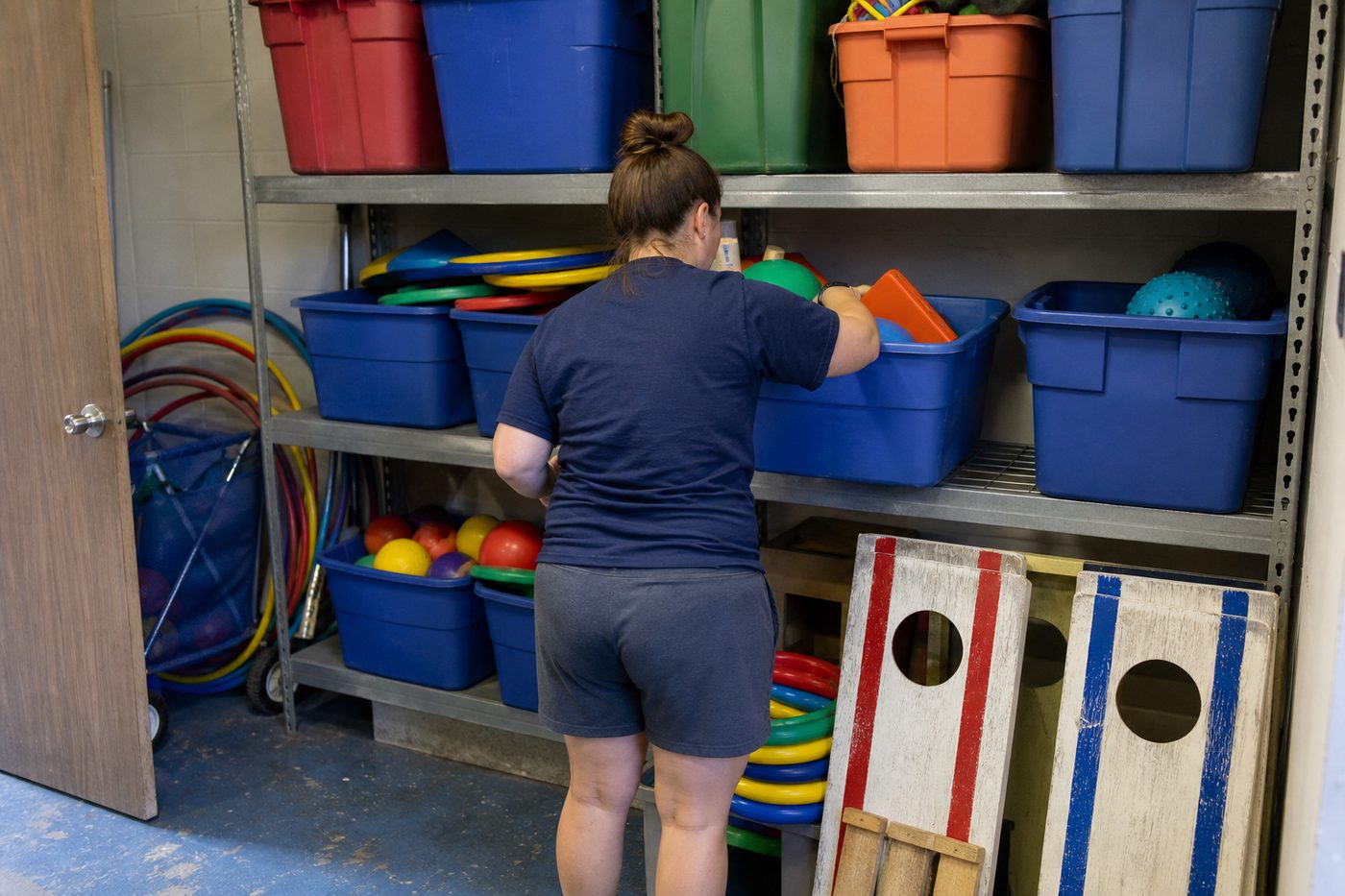 Outdoor play products stored for program replenishment