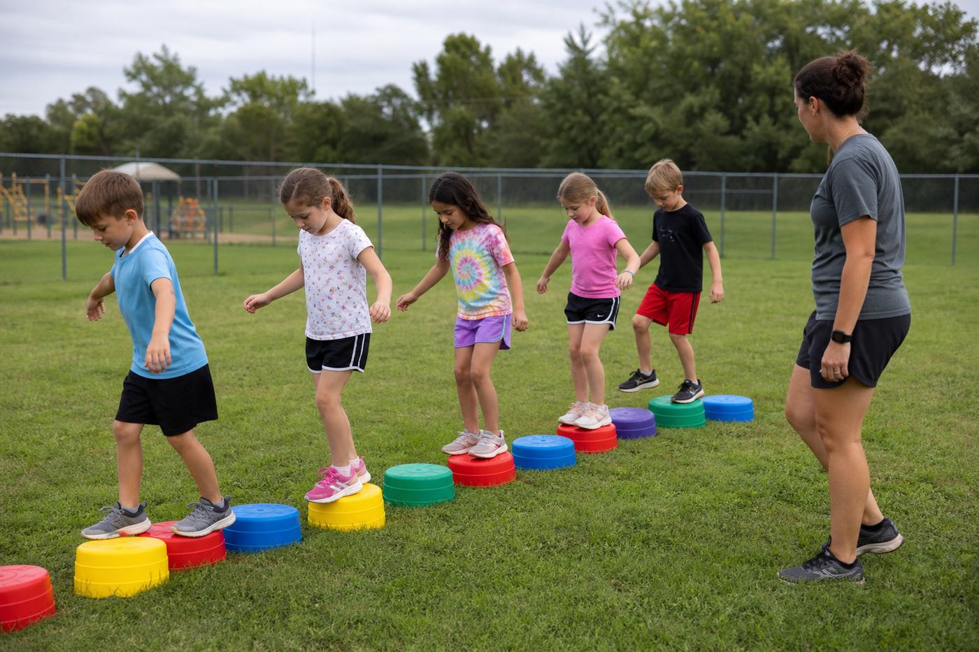 Children using stepping stones in a group outdoor activity