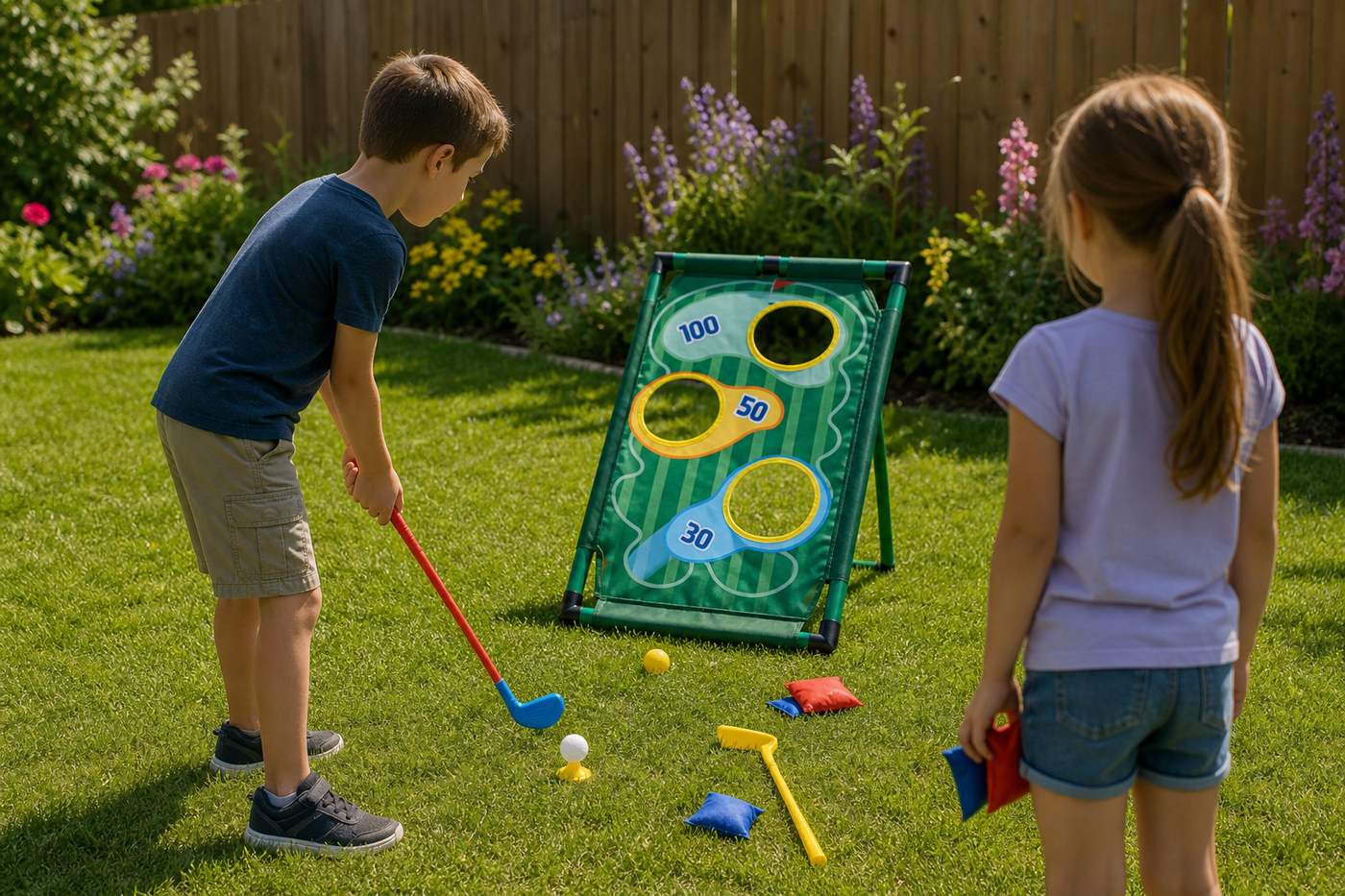 Children playing a golf toss target game outdoors