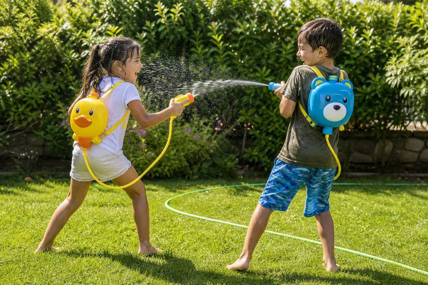Children using backpack water blasters in a garden