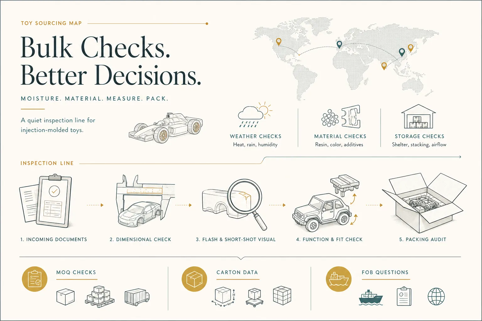 Diagram: Bulk weather, material and storage checks sourcing map: MOQ, carton data and FOB