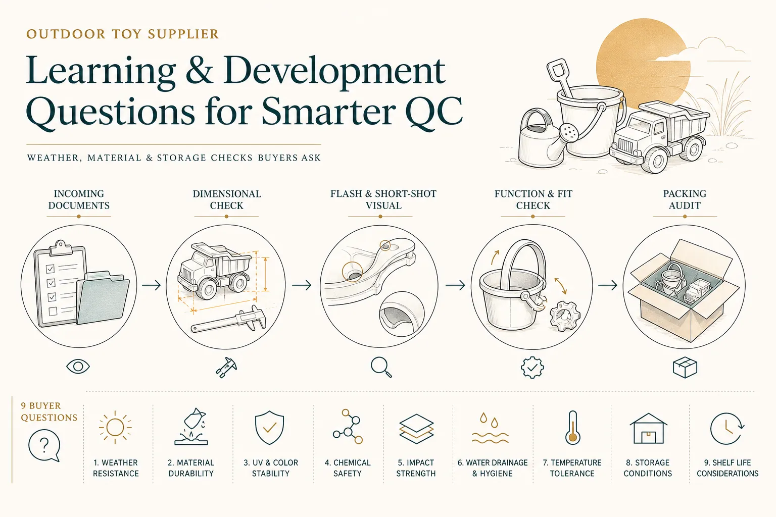 Diagram: outdoor toy supplier: learning and development questions for weather, material a