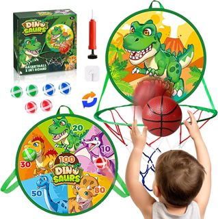 2 in 1 Dinosaur Toys Mini Basketball Hoop for Toddler Indoor Outdoor Play Dart Board for Kids Outdoor Sport Toys